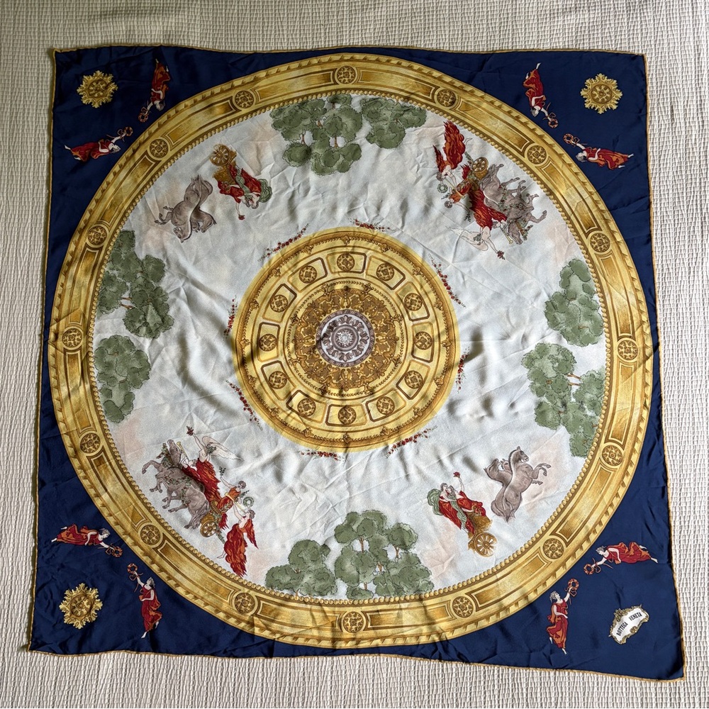 Bottega Veneta Navy Blue and Gold Baroque Dessin Foulard Carre Vintage Scarf